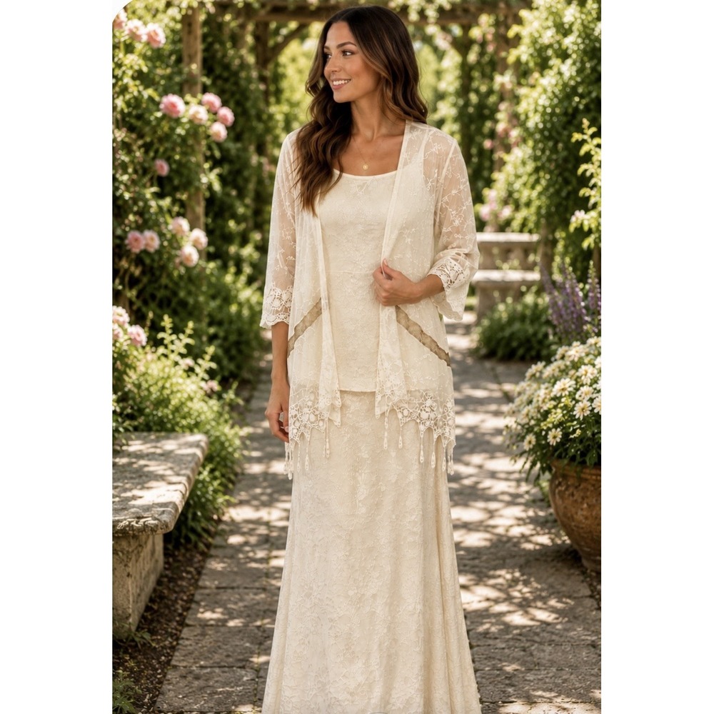 Spencer Alexis Ivory Lace 3 Piece‎ Set Boho Maxi Skirt Tank Cardigan 8 Elegant